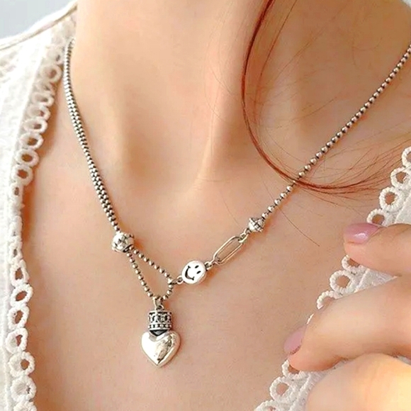 Sterling Silver Happy Face Heart Charm Charm Pendant Necklace - Picture 2 of 11